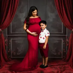 A full-length family portrait showing the sweet bond between a mother and her son as they await the new arrival. The coordinating outfits and the classic studio backdrop make this a timeless family photograph.