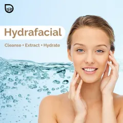 This visual represents the core principles of a HydraFacial: cleanse, extract, and hydrate. The treatment uses a vortex-fusion delivery system to exfoliate, remove debris from pores, and infuse the skin with nourishing moisturizers.