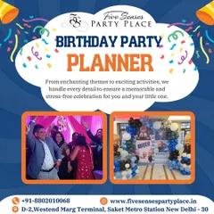 As professional birthday party planners, we handle every detail to make your celebration special. This graphic highlights our services, showing guests enjoying the party and a custom 'Boss Baby' themed balloon decoration we designed for a child's birthday.