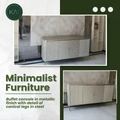 A collage showcasing our minimalist buffet console in a metallic finish. The design features a mix of fluted and diamond-patterned door fronts with slender steel legs, offering a sophisticated storage solution.