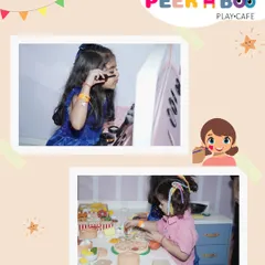 A collage showing girls enjoying our pretend play areas, from applying makeup in the studio to preparing a toy pizza in the kitchen.