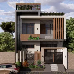 Here is a 3D visualization of a modern villa we are bringing to life in Mathura. Our architectural visualizations allow you to see and feel your home before the first brick is laid. We focused on clean lines, the interplay of wooden louvres with stone textures, and ample greenery to create a facade that is both contemporary and welcoming.