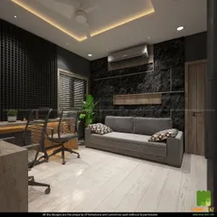 The full view of the home office, showcasing the balance between the dark, sound-absorbing wall panels and the light wood flooring.