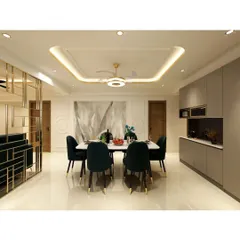 A bright and spacious dining room with a large table, perfect for hosting friends and family. The design is clean and modern, with a statement art piece adding a touch of personality.