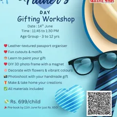 A special gifting workshop for Father's Day. This poster lists all the creative activities, including making a leather-textured passport organizer and a DIY 3D photo frame for dad.