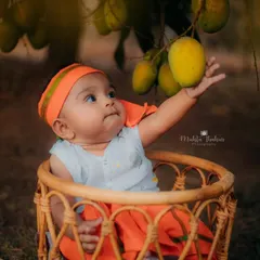 Sometimes the best studio is the great outdoors. For this unique six-month milestone session, we went to a mango farm to capture this little one's curiosity among the sweet, hanging fruits.