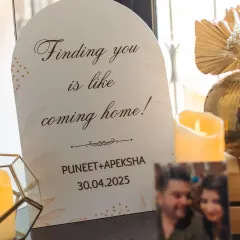 "Finding you is like coming home." We love incorporating meaningful quotes into the decor. This personalized sign for the couple, complete with their wedding date, added a deeply personal touch to their intimate Roka ceremony.