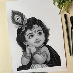 A gentle and innocent portrait of Bal Krishna, rendered in charcoal. This sketch captures a quiet, contemplative mood, with a focus on his expressive eyes and the single peacock feather.