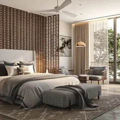This angle highlights the natural light flooding the bedroom and the seamless integration of the TV and console unit. The design is minimal yet luxurious, focusing on high-quality materials and a calm atmosphere.
