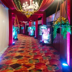A colorful and vibrant entrance walkway at Ellora Banquet hall. The geometric-patterned carpet, hanging floral baskets, and red drapes create a festive and energetic vibe.