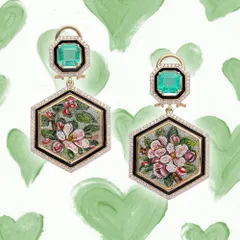 A feature celebrating my Emerald Garden Earrings. This design combines hexagonal micromosaic panels with Zambian emeralds and a touch of black enamel, perfect for a party that celebrates life.