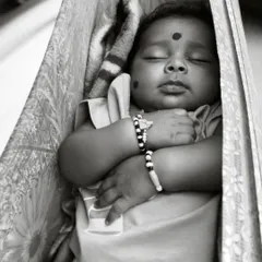 A serene black and white portrait of a sleeping newborn. This timeless style highlights the baby's peaceful expression and traditional adornments.