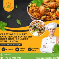 We craft culinary experiences for every occasion, from weddings to birthday parties. This graphic showcases our service offerings alongside our delicious biryani and professional chefs.