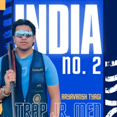 We track and celebrate the rise of our athletes through national rankings. This graphic honors Aryavansh Tyagi's achievement of securing the No. 2 rank in Junior Trap Men, a result of his dedicated training at our academy.