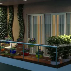 A vibrant balcony garden designed to bring nature into a high-rise apartment. The design uses a mix of colorful pots, vertical planters, and climbing plants to maximize the green footprint in a small space.