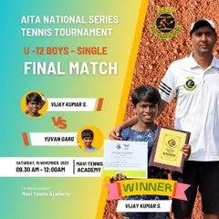 Announcing the winner of the AITA National Series U-12 Boys' Singles final, Vijay Kumar S., after a competitive match.