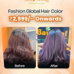 A stunning before-and-after of a fashion global hair color. I took my client's hair from a faded brown to this vibrant and trendy shade of purple, completely transforming her look.