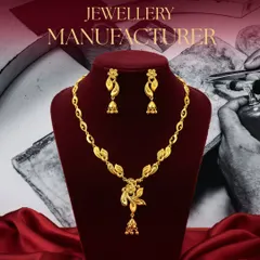 This graphic illustrates our manufacturing promise: 'From Our Hands to Your Display.' The featured lightweight gold necklace set is a prime example of the perfection we deliver in every gram.