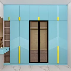A 3D design for a kids' room wardrobe. The playful blue color with unique yellow handles and a central glass door section shows how I can customize designs for any member of the family.