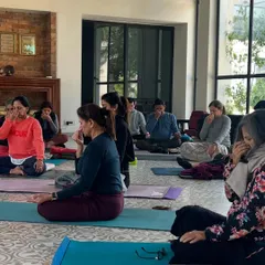 A group of students practicing Nadi Shodhana (alternate nostril breathing). This is a cornerstone of pranayama, known for its ability to balance the hemispheres of the brain and calm the mind.