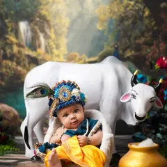 This little Kanha is resting in his basket, with a pot of butter and his beloved cow nearby. The forest backdrop adds a mythical touch to this Janmashtami photoshoot.