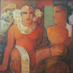 This work by Swapan Kumar Palley is a wonderful example of contemporary art that draws from ancient history. You can see the clear influence of the Ajanta cave paintings in the figures and rich, earthy textures, creating a timeless dialogue.
