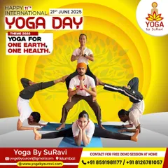 Celebrating the 11th International Yoga Day with our team. This group pose represents our theme for 2025: "Yoga for one earth, one health."