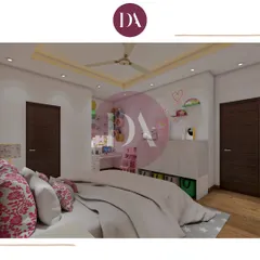 This render shows a concept for a child's bedroom, designed to be both playful and functional. The space includes a dedicated study area with colorful shelving and ample storage to keep things organized.