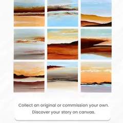 This grid showcases the variety within a single series of my abstract landscapes. Each small painting explores a different mood through color and texture, from earthy desert tones to cool sky blues. You can collect an original or commission a series that tells your own story.