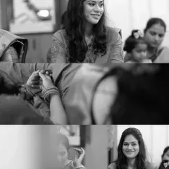 A black and white collage telling a story of a woman at a family event. The different frames capture her thoughtful expressions and interactions, creating a timeless and emotional narrative of the day.