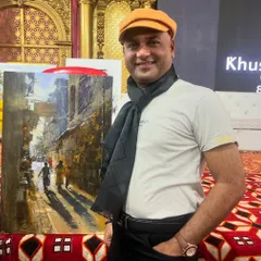 Posing with my landscape painting at the Art Summit in Nandurbar.