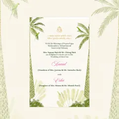 The main wedding invitation, featuring elegant parrot illustrations and palm trees. The inclusion of Gujarati script for the blessings adds a personal and culturally significant touch for the family.