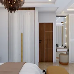 This render shows the other side of the master bedroom, featuring a floor-to-ceiling wardrobe with fluted paneling and a sleek, integrated dressing unit with a vanity mirror.