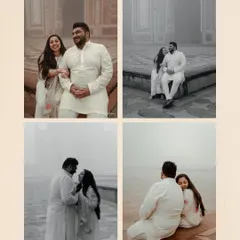 A four-panel collage capturing serene and intimate moments at the Taj Mahal. The misty atmosphere and the couple's white outfits create a dreamy and ethereal quality.