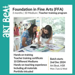 Our Foundation in Fine Arts (FFA) program is a 3-month teacher training course. It includes hands-on training in 10 different mediums and practical teaching experience.