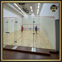 A clear view of one of our professional-grade, glass-backed squash courts. These are built to international standards, perfect for both intense competition and a friendly practice session.