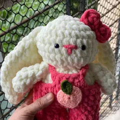 My Pookie Bunny is ready for her close-up. The plush yarn I use makes her incredibly soft to the touch, perfect for a comforting cuddle buddy.