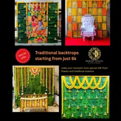This collage showcases our variety of traditional backdrops, perfect for events like baby showers or Haldi ceremonies. We use fresh flowers, banana leaves, and other traditional elements, with packages starting from an affordable price.