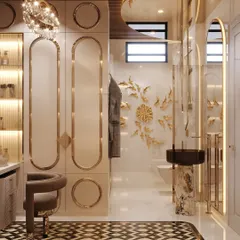 This combined bathroom and dressing area is the epitome of luxury. The design includes floor-to-ceiling wardrobes with gold trim, a dedicated vanity space, and artistic gold wall decor.