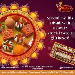 Spread joy this Diwali with my special sweets gift boxes. This image displays two beautifully designed boxes, one open to reveal a colorful assortment of mithai.