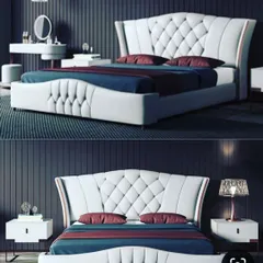 This elegant bed features a high, wingback headboard with deep diamond tufting, creating a sense of luxury and comfort. The clean white upholstery makes it a stunning centerpiece for a modern and sophisticated bedroom.