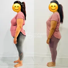Side view of my client's 8 kg transformation. Notice the significant inch loss and improved posture, which are just as important as the number on the scale.