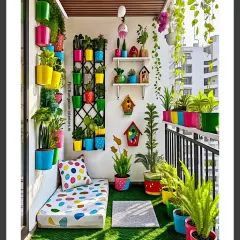 A vibrant and colorful balcony design with a rainbow of planters and a polka-dot mattress. This cheerful setup with birdhouses and artificial grass creates a playful and inviting outdoor space.
