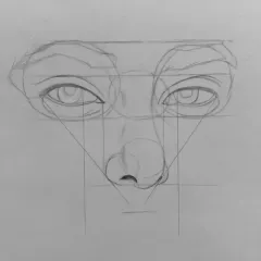 Step 4: I add the structure for the nose and begin to map out the triangular relationship between the eyes and the tip of the nose, a key step in realistic portraiture.