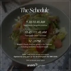 The detailed schedule for our "Sangraha Summer: Yoga & Brunch" event. This graphic breaks down the morning's activities, from the yoga practice to the pranayama session and the wholesome brunch.