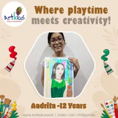 Aadrita, age 12, shows us where playtime meets creativity with her skillfully drawn self-portrait.