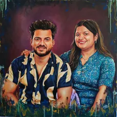 A vibrant 20" x 20" custom acrylic painting for a couple. I used a rich, blended background to make their portraits pop, capturing their happy expressions and the textures of their clothing. This kind of personalized artwork makes for a truly special anniversary or wedding gift.