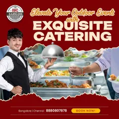 We elevate your outdoor events with exquisite catering. This image shows guests being served from a professional buffet line, highlighting our seamless service and delicious food presentation.