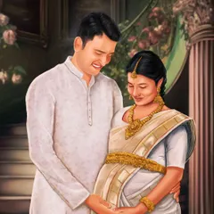 It's a joy to create art for such special moments. This is a more realistic digital painting I did for a Valaikappu (baby shower) ceremony. I focused on capturing the tender moment between the expecting parents in their beautiful traditional attire.
