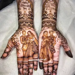 A stunning example of our portrait mehandi. This design showcases two different couple poses, one for the engagement and one for the wedding, along with auspicious Sanskrit shlokas for blessings.